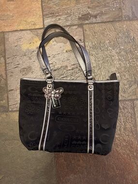 Coach Black Signature Poppy Tote with Silver Trim